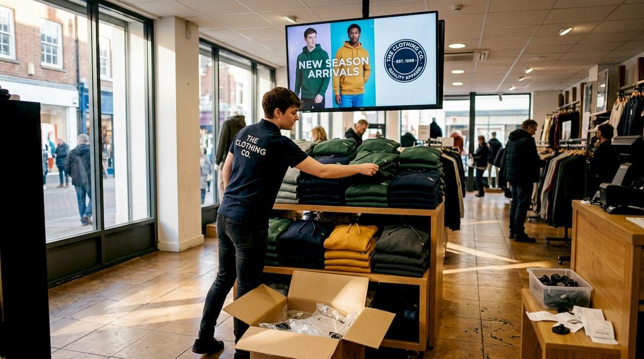 Retail worker beneath active motion signage
