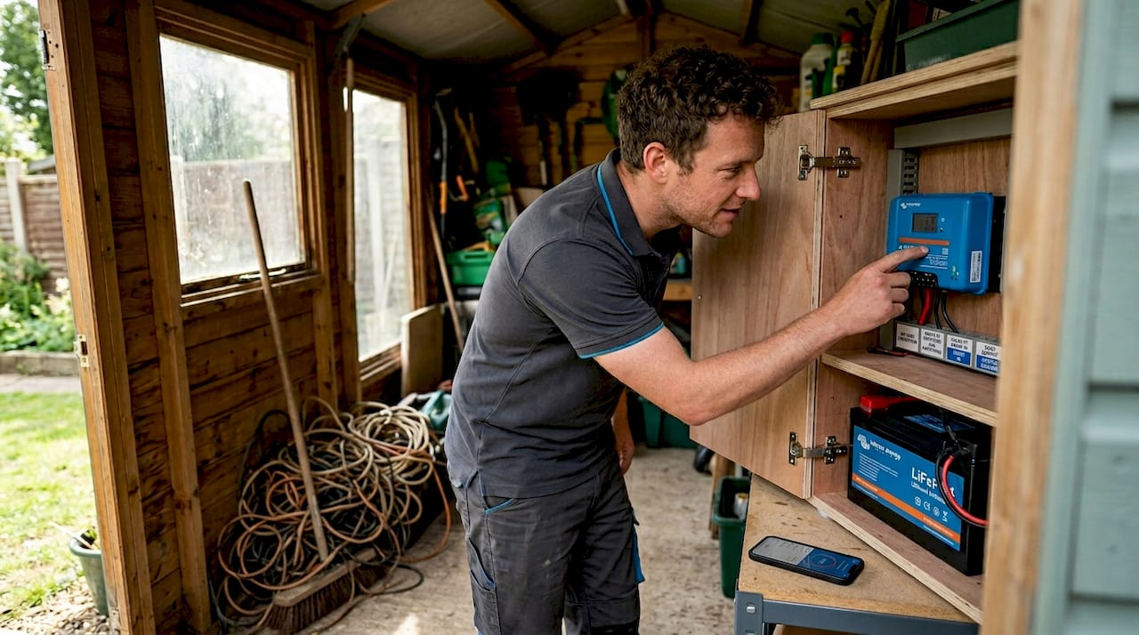 Technician adjusting solar battery management system