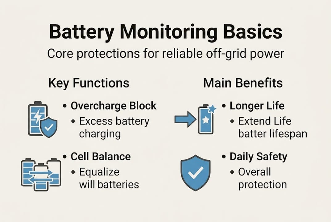 Infographic showing battery monitoring key functions and benefits