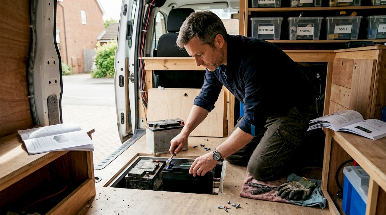 Engineer installing lithium battery in campervan