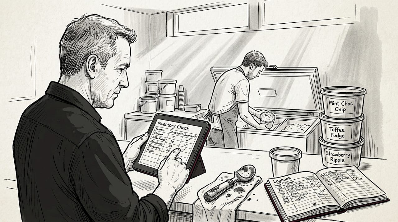 Owner reviews ice cream inventory on tablet