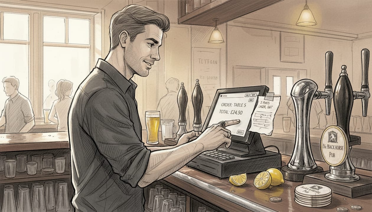 Bartender uses POS system in UK bar