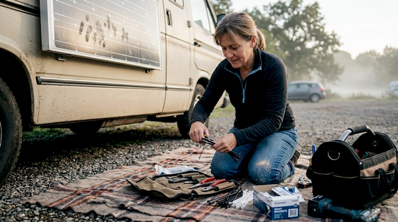 Person gathering solar installation tools by van