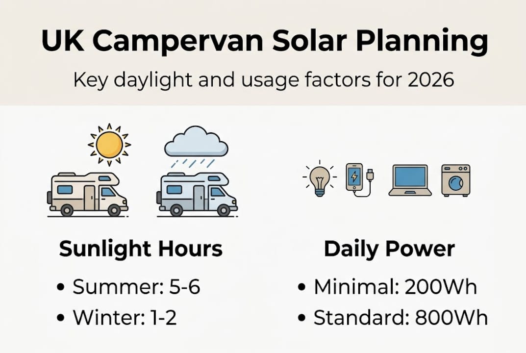 Infographic showing UK campervan solar sunlight and power