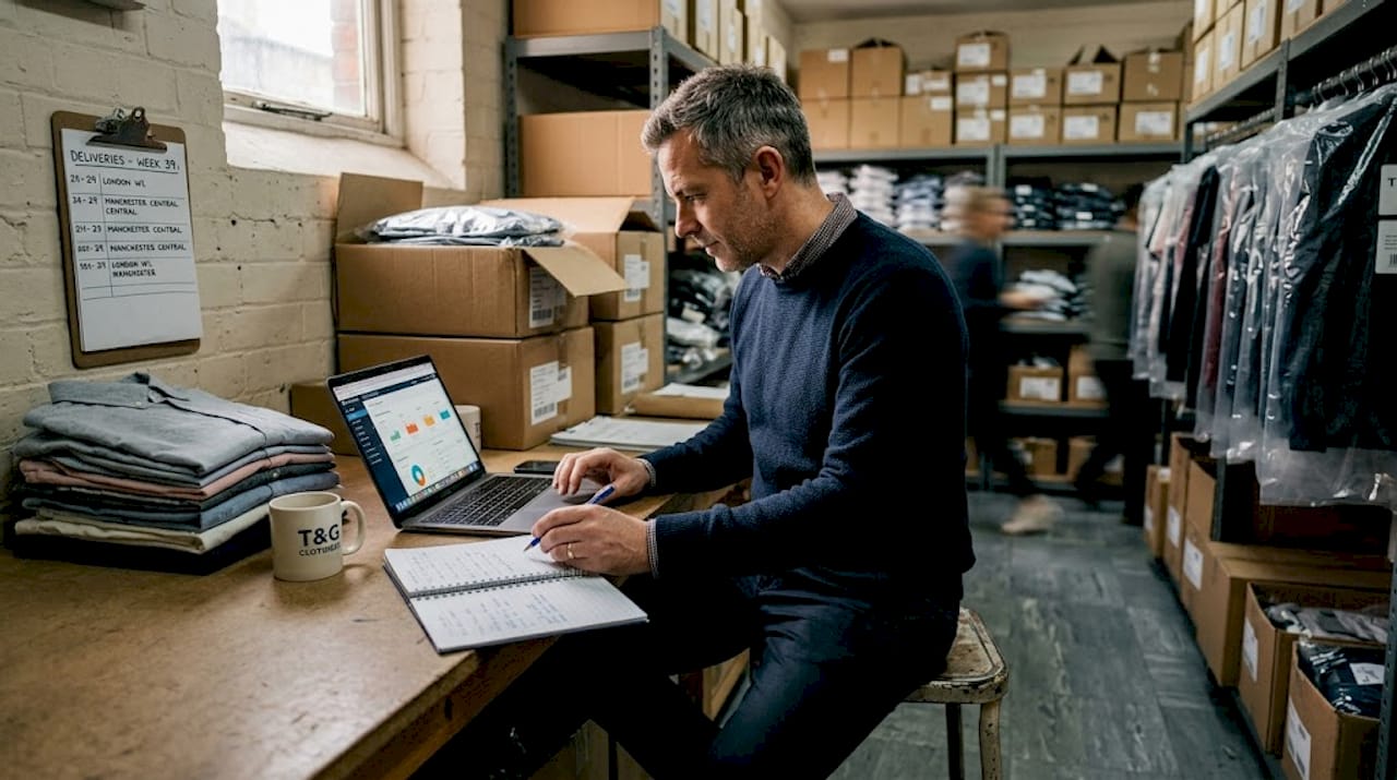 Retail manager reviews sales data in stockroom