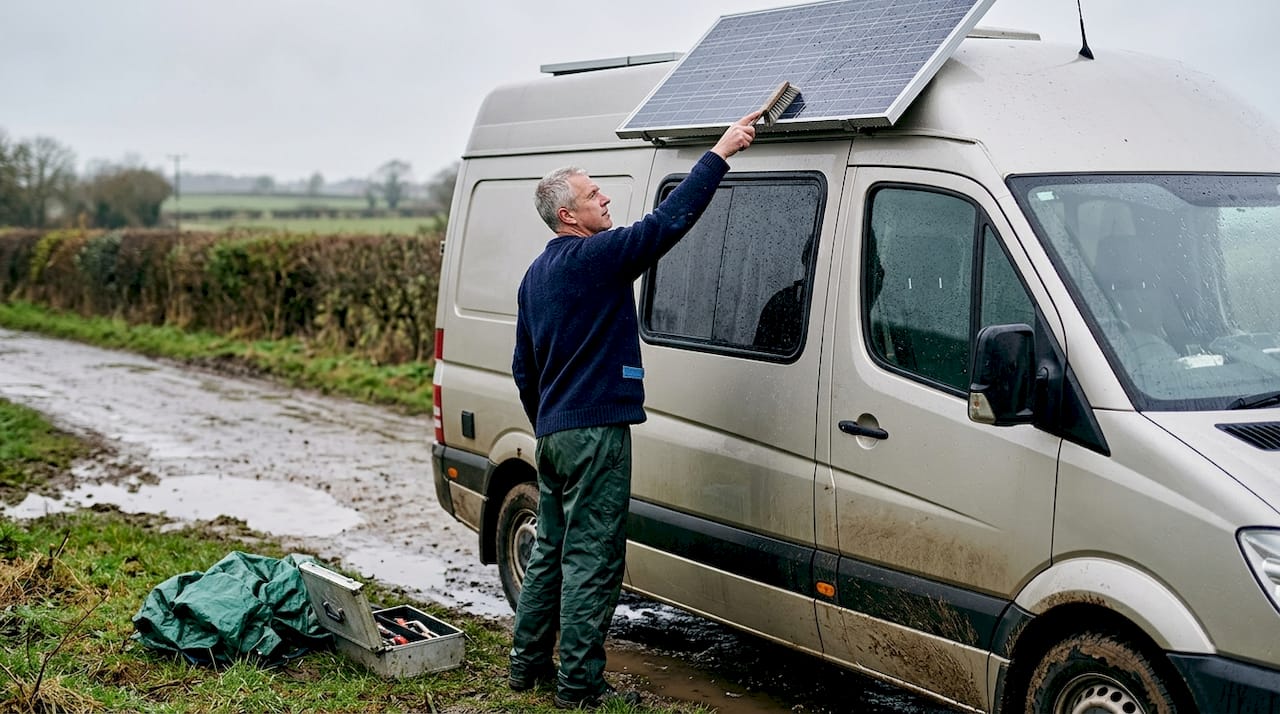 Man maintaining winter solar panel on motorhome