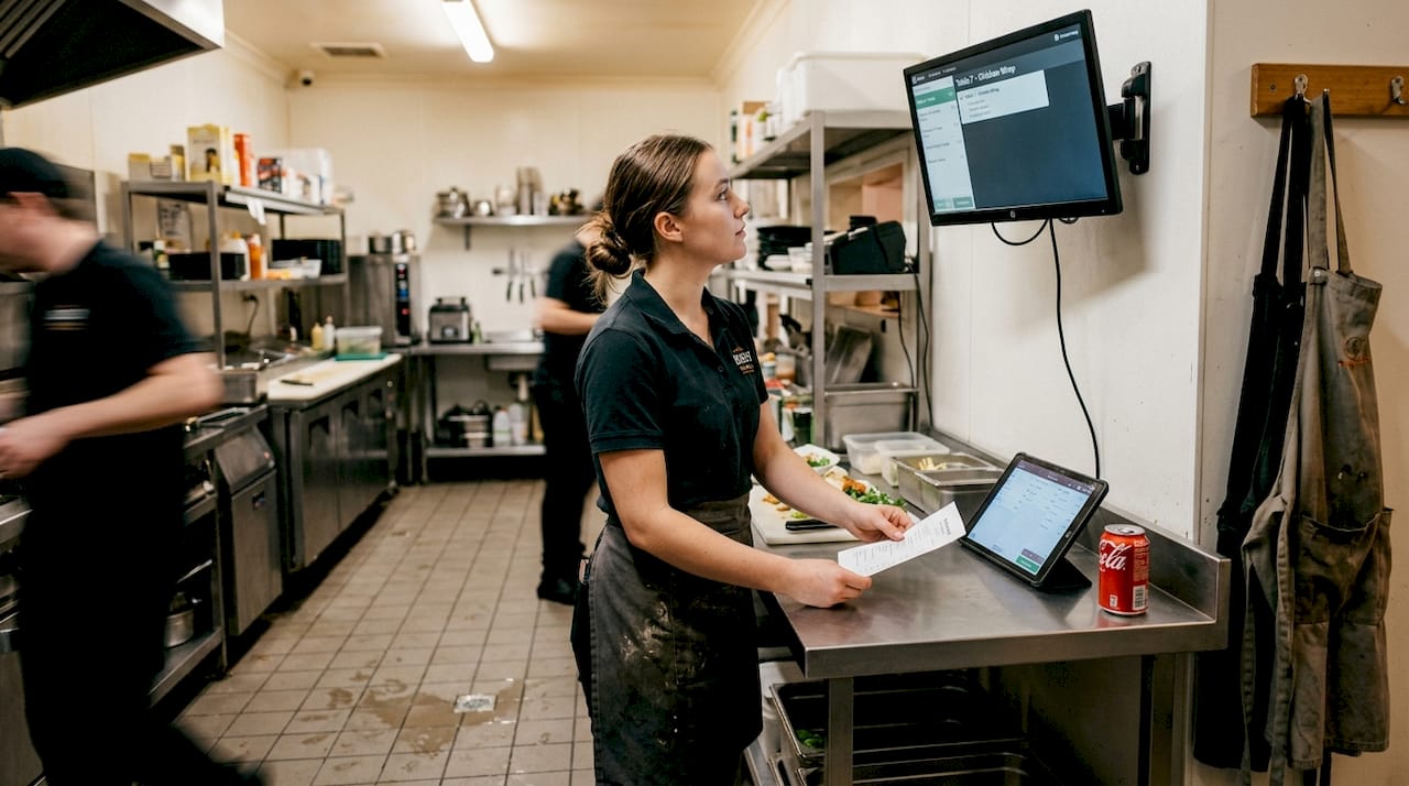 Restaurant staff processing kiosk-generated order