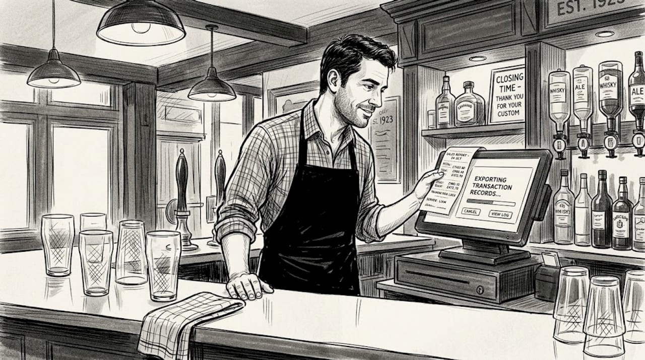 Bartender managing end-of-day POS records