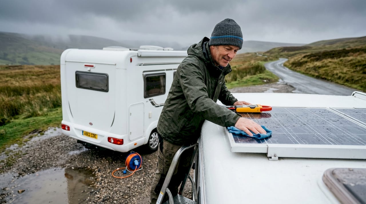 Cleaning motorhome solar panel in UK rain