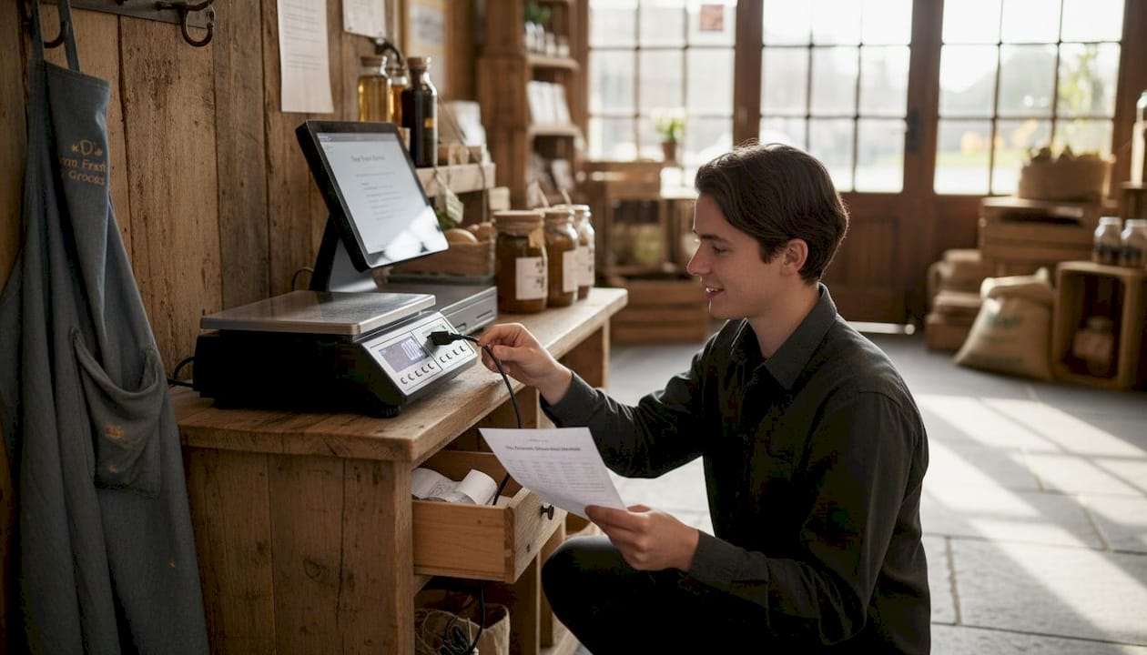 Assistant connecting scale to POS terminal