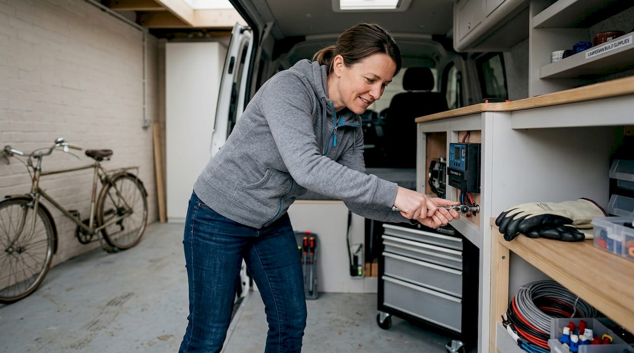 Person installing battery in home garage campervan