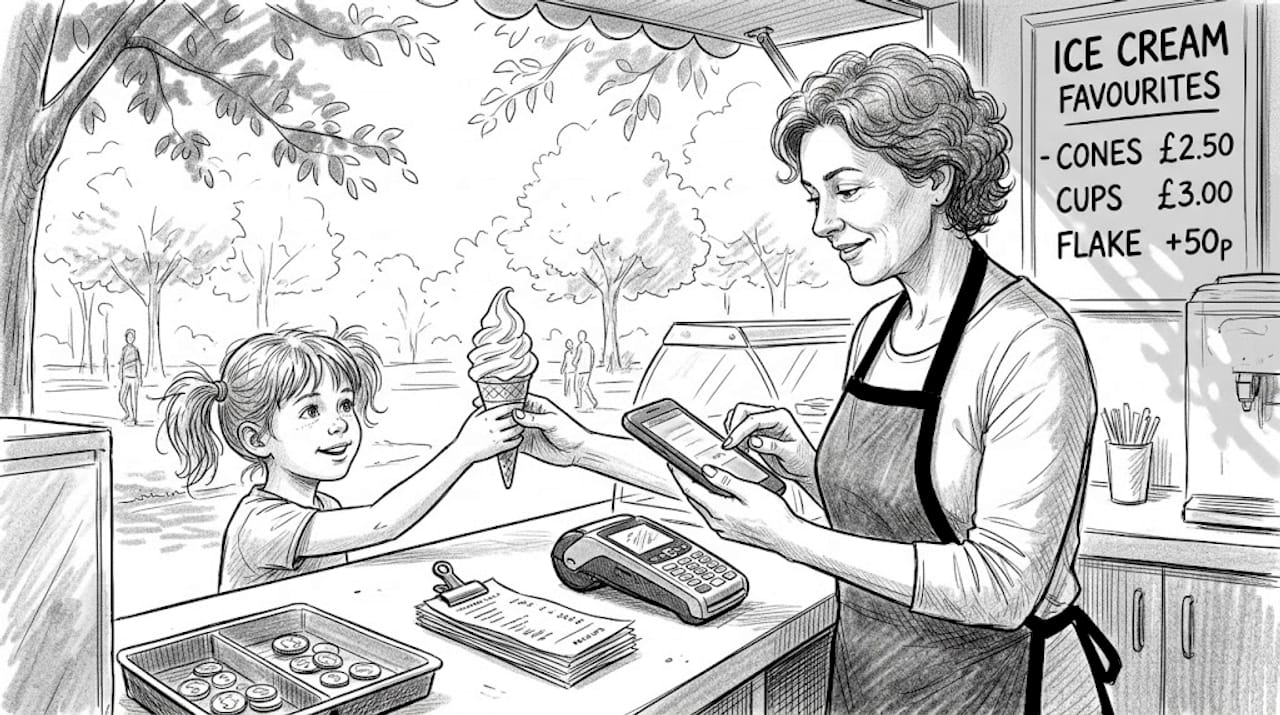 Woman uses mobile POS in park kiosk