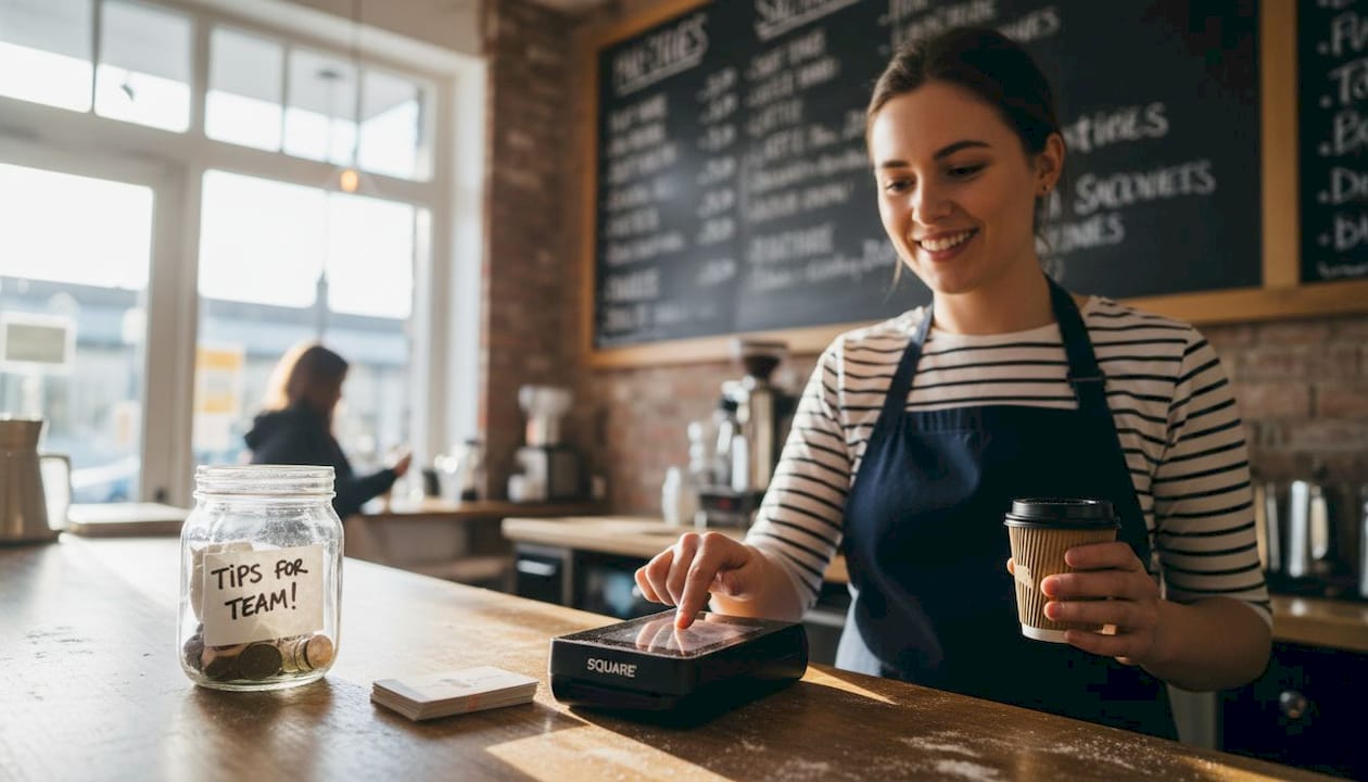 Barista using Square POS at café counter