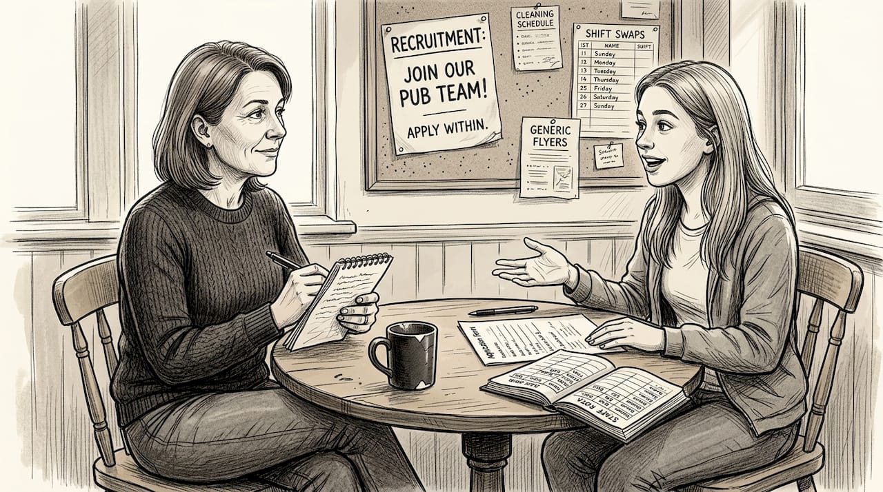 Manager interviews staff candidate in break room