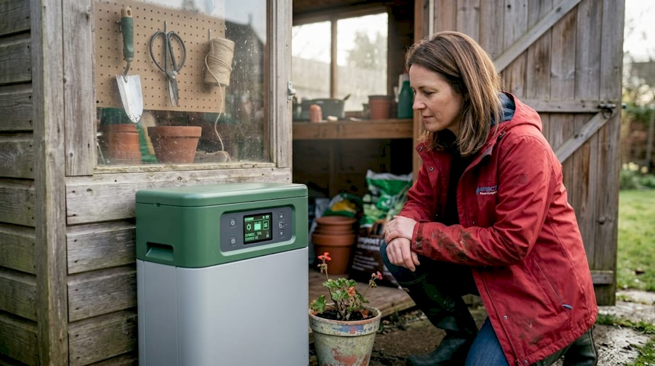 Woman inspecting garden shed solar battery