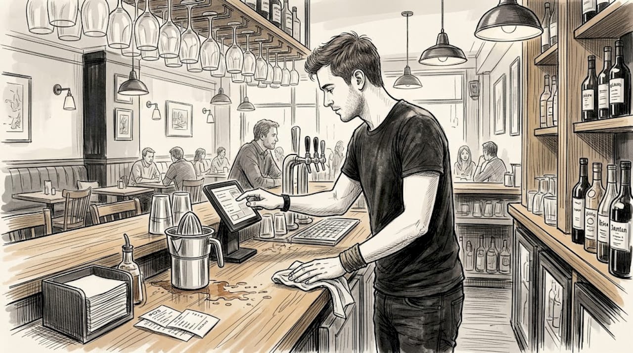 Bartender checking inventory on tablet behind bar