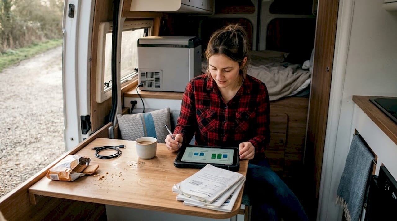 Woman monitors campervan battery consumption