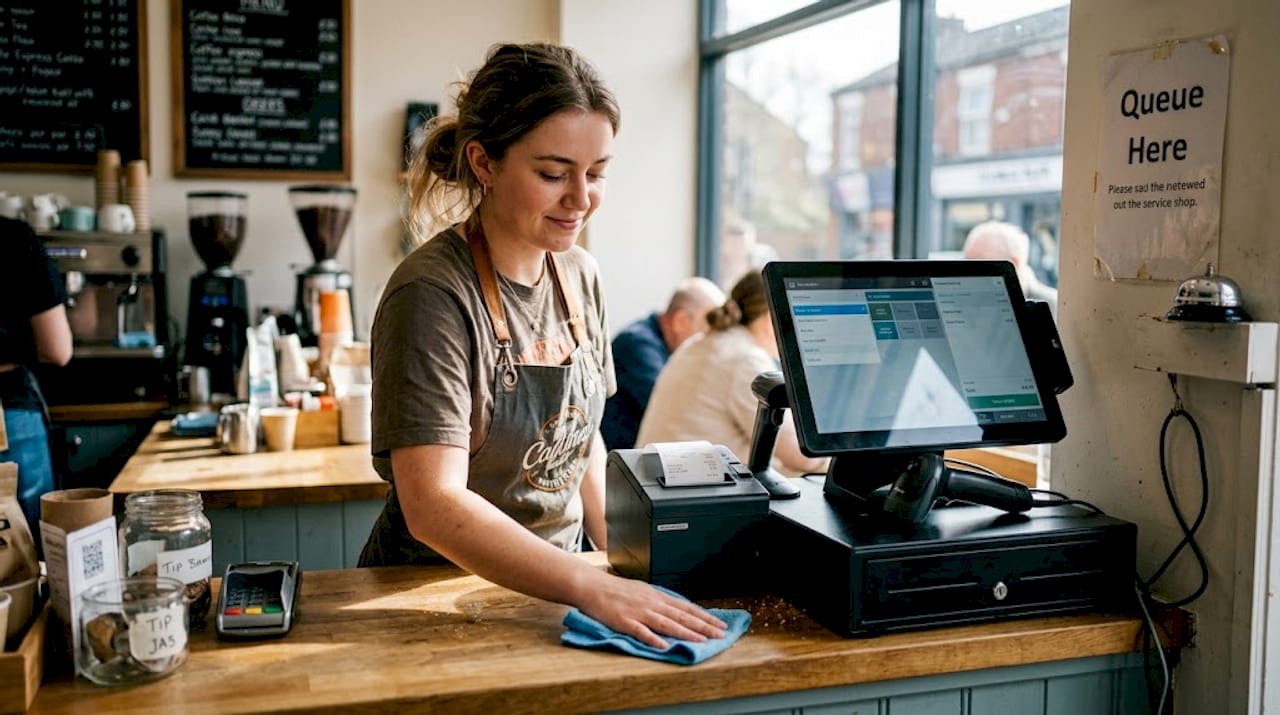 POS hardware setup on café counter