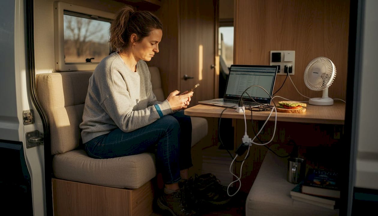 Woman checks Bluetooth battery on RV trip
