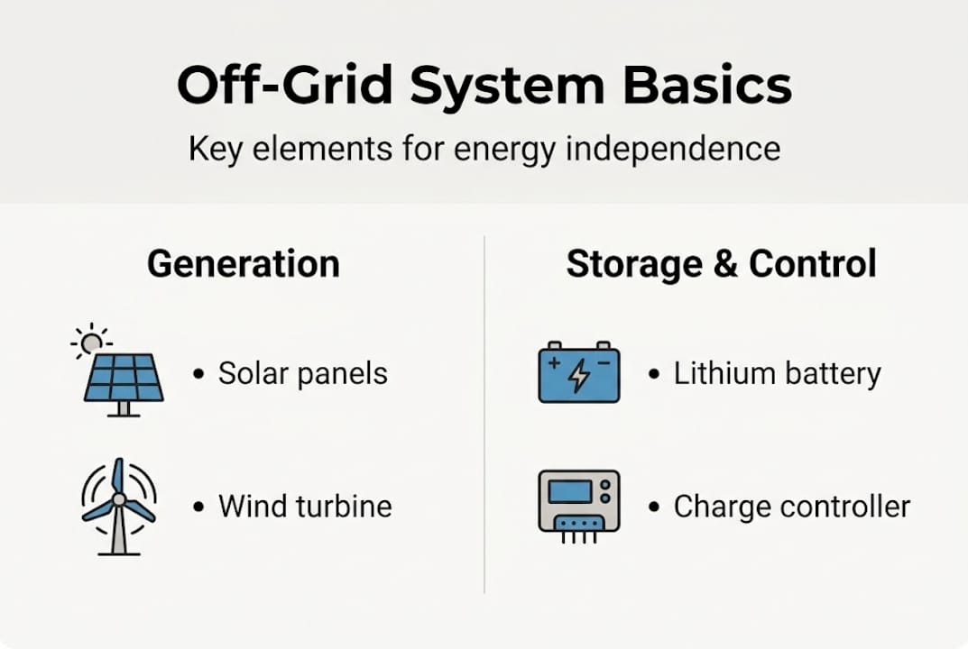 Infographic shows off-grid system main parts