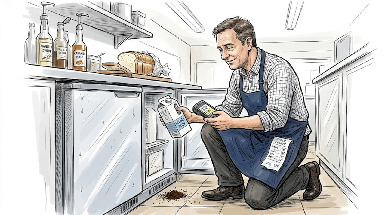 Café manager scanning inventory with handheld POS