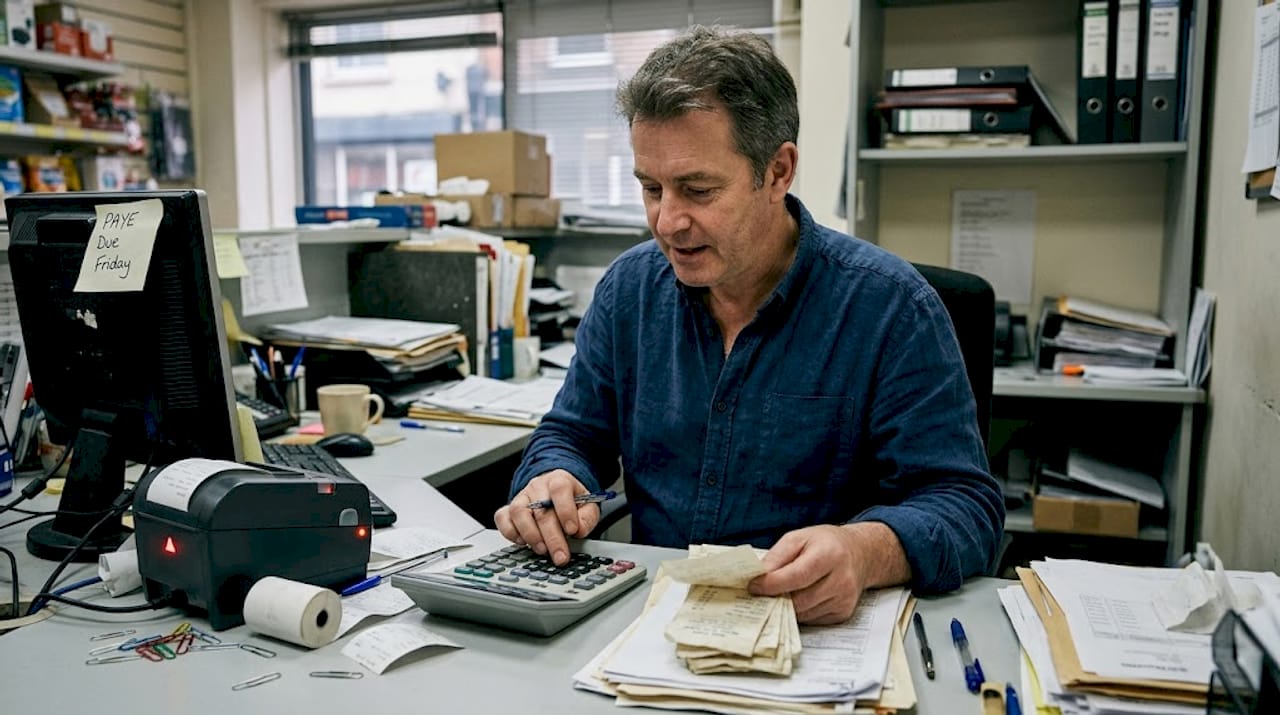 Business owner sorting receipts at office desk