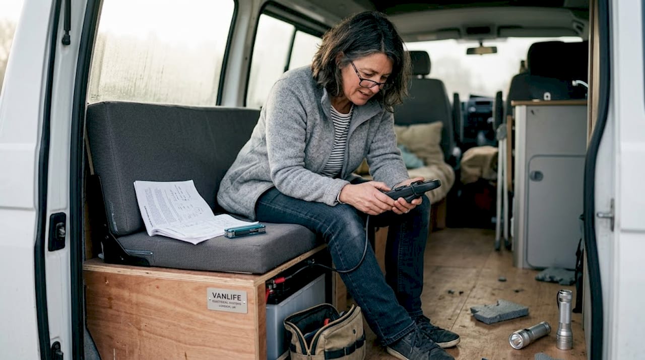 Woman checking battery drain in van