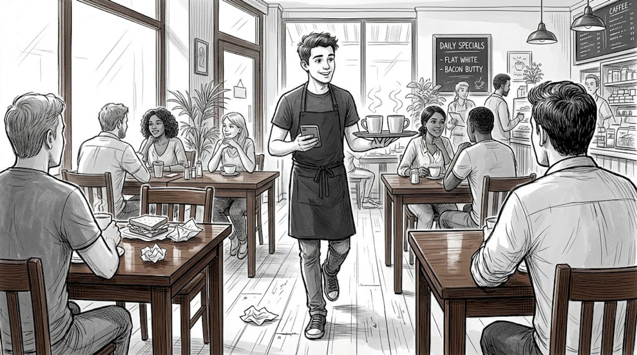 Café staff using handheld ordering device