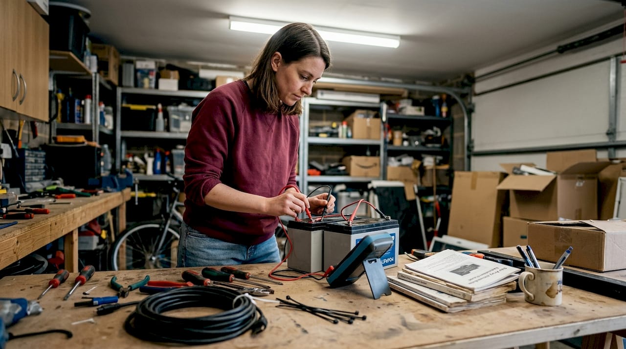 Woman testing parallel battery setup garage