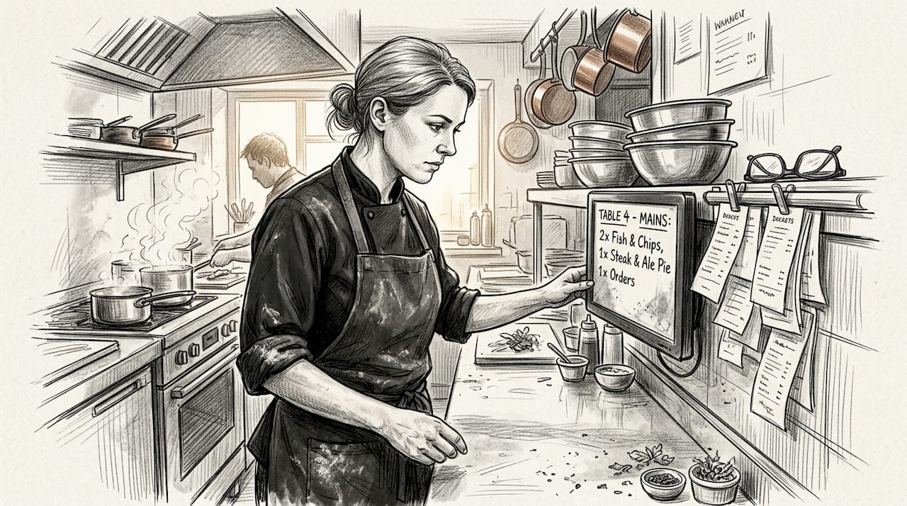 Chef using POS kitchen screen among kitchen clutter