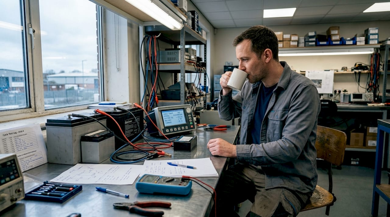 Technician testing battery cycle life on bench