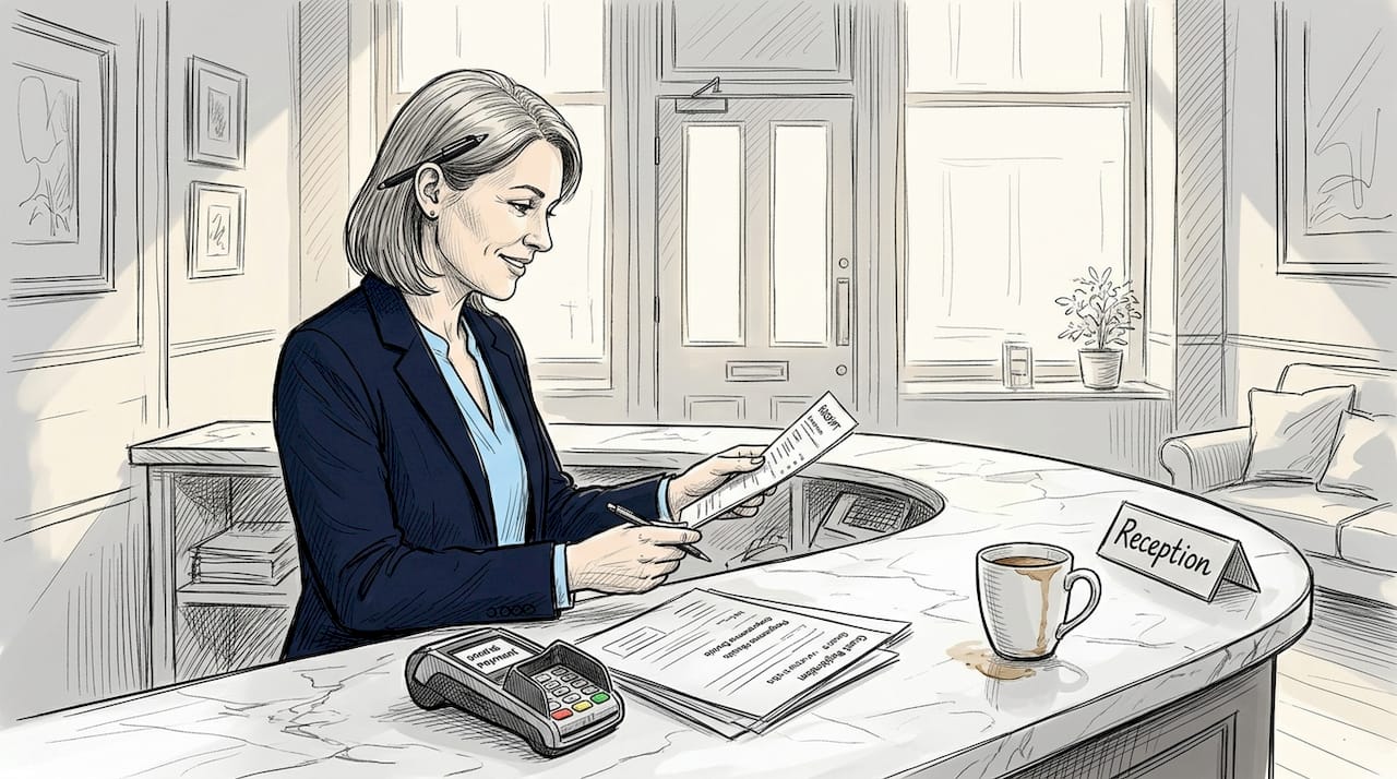 Receptionist verifying integrated payment at hotel