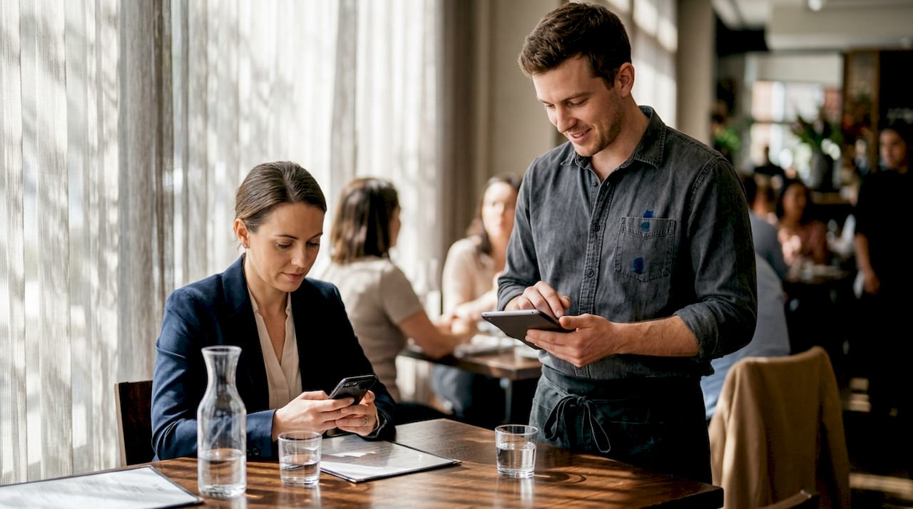 Waiter entering order on POS tablet at table