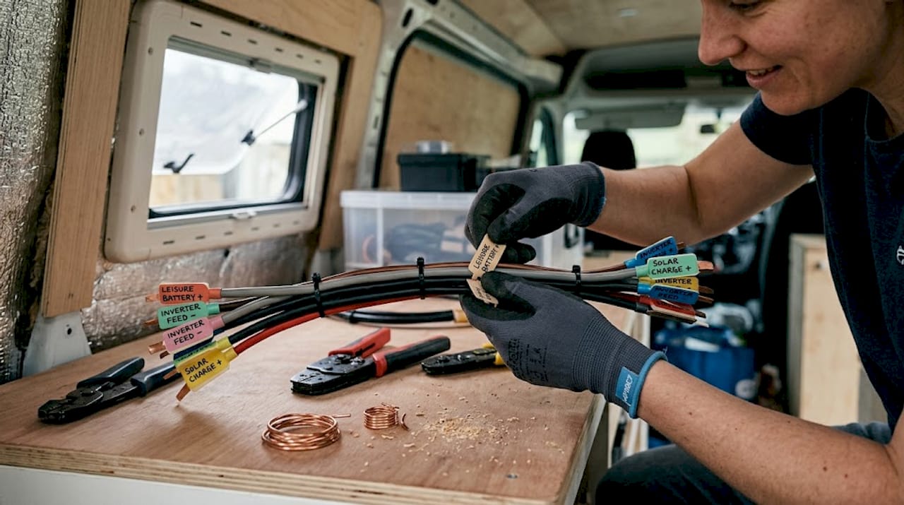 Labelled battery cables in campervan