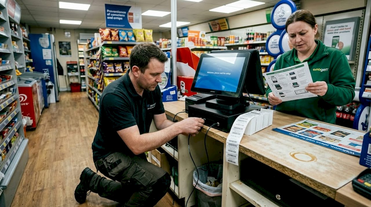 Technician installing POS system in shop