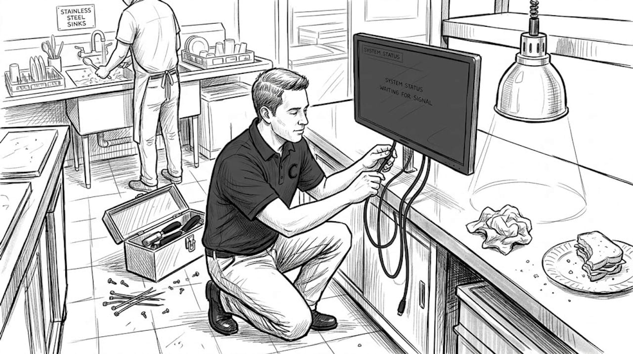 Technician installing kitchen monitor in real kitchen