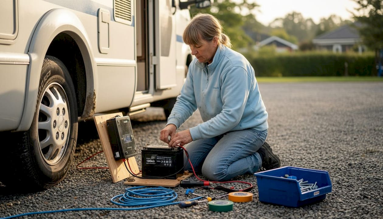 Owner connects cables to off-grid battery