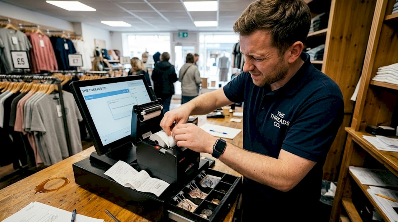 Shop assistant resolving jammed receipt printer