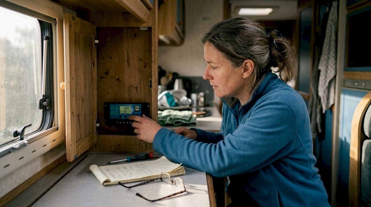 Woman checking solar controller readout