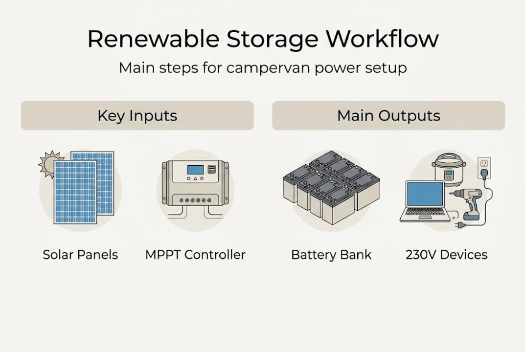 Infographic with renewable workflow steps and components
