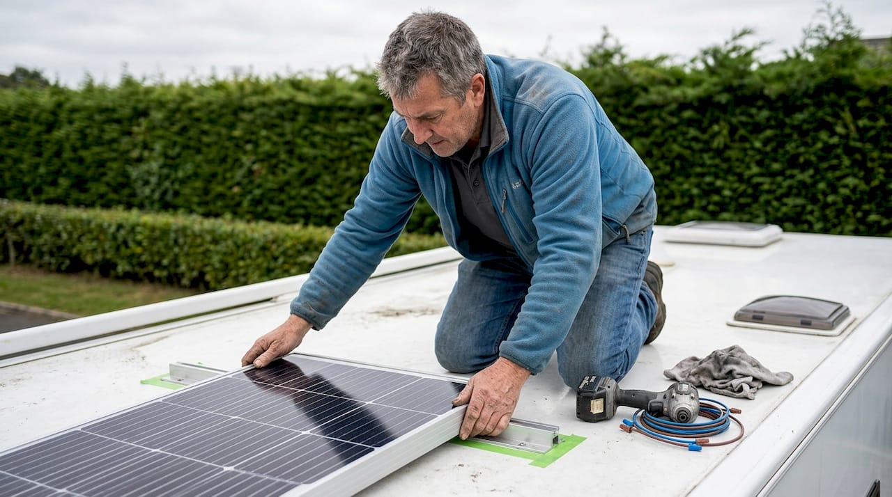 Technician installing solar panel roof motorhome