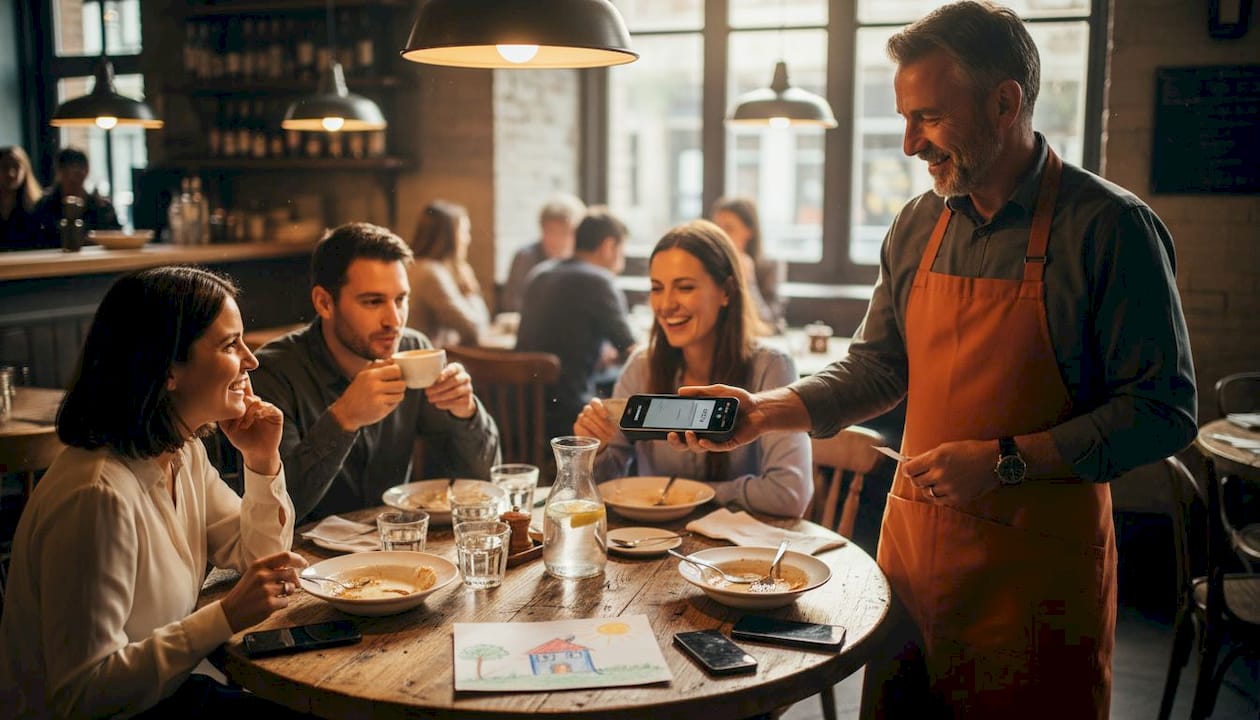 Server using POS device at restaurant table