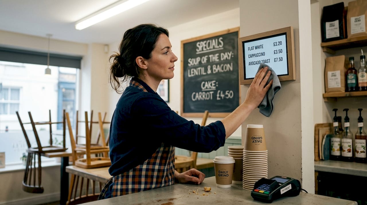 Café owner cleans wall-mounted digital menu