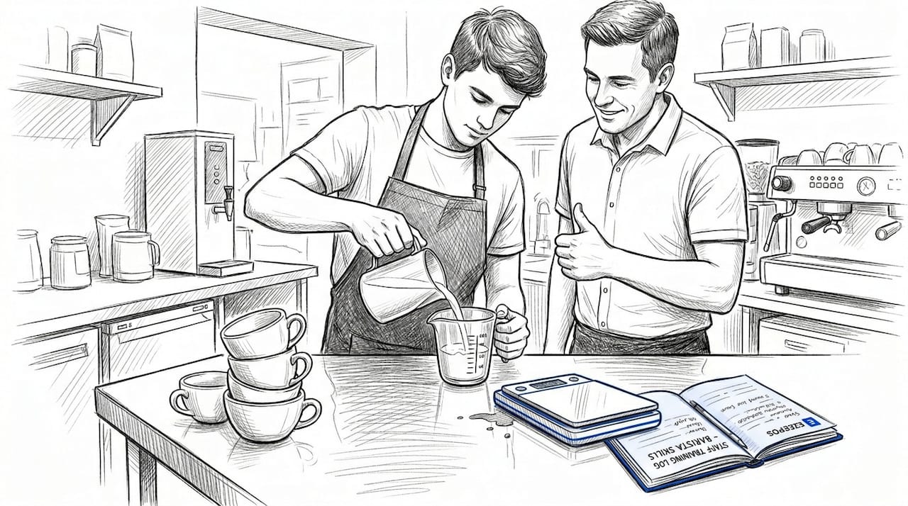 Barista pouring milk during staff training session