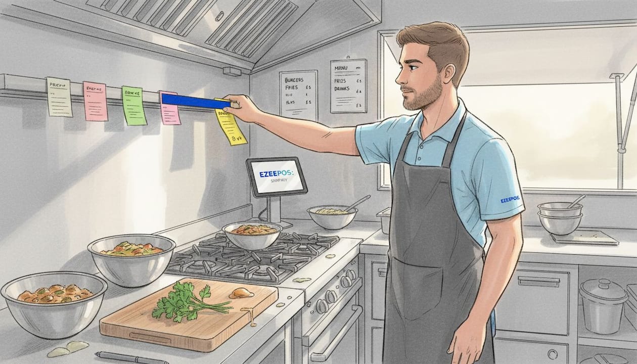 Team member sorting color-coded food truck orders