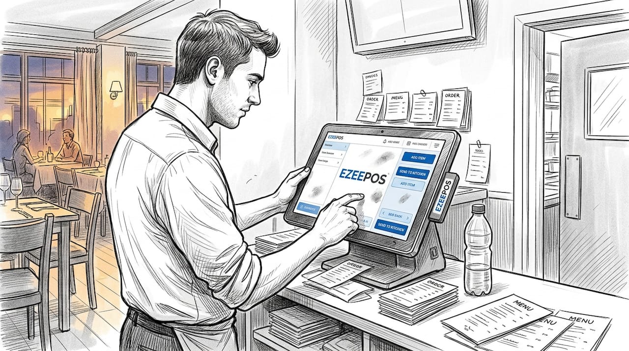 Server entering order at integrated POS terminal