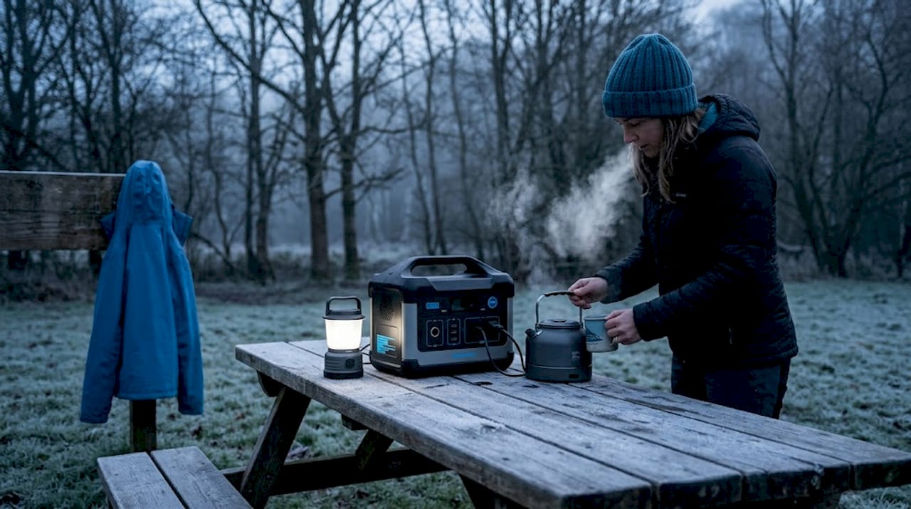 Power station running in frosty campsite morning