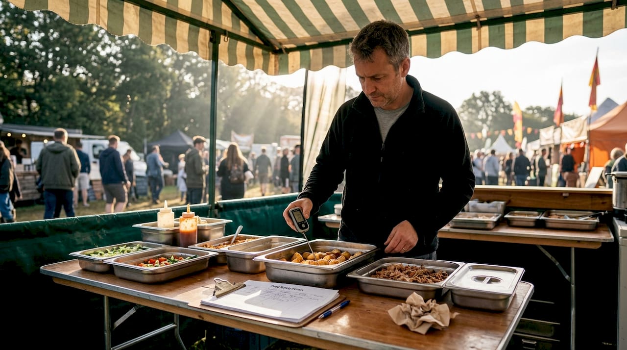 Vendor doing food checks at festival morning