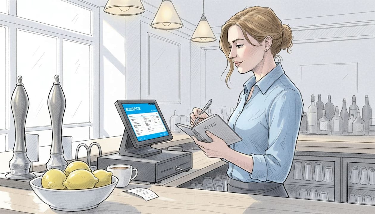 Supervisor reviews sales data behind pub bar