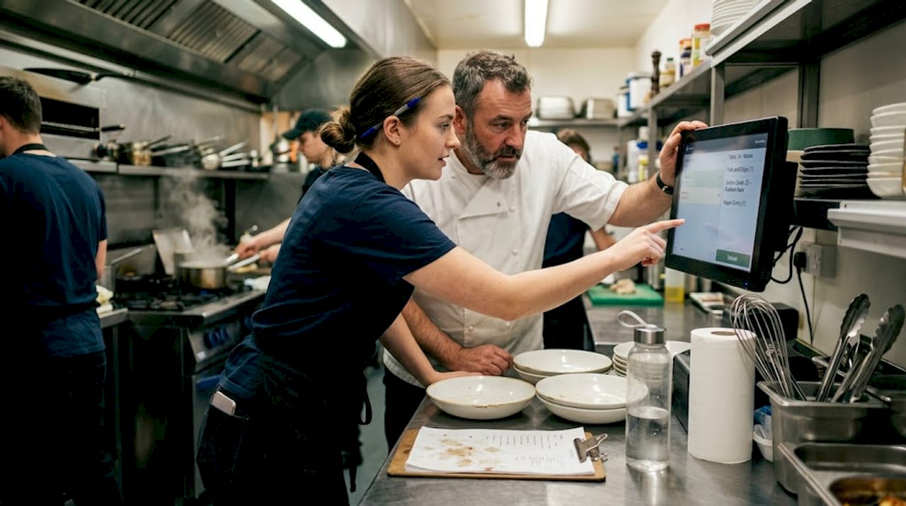 Restaurant staff checking POS system in kitchen